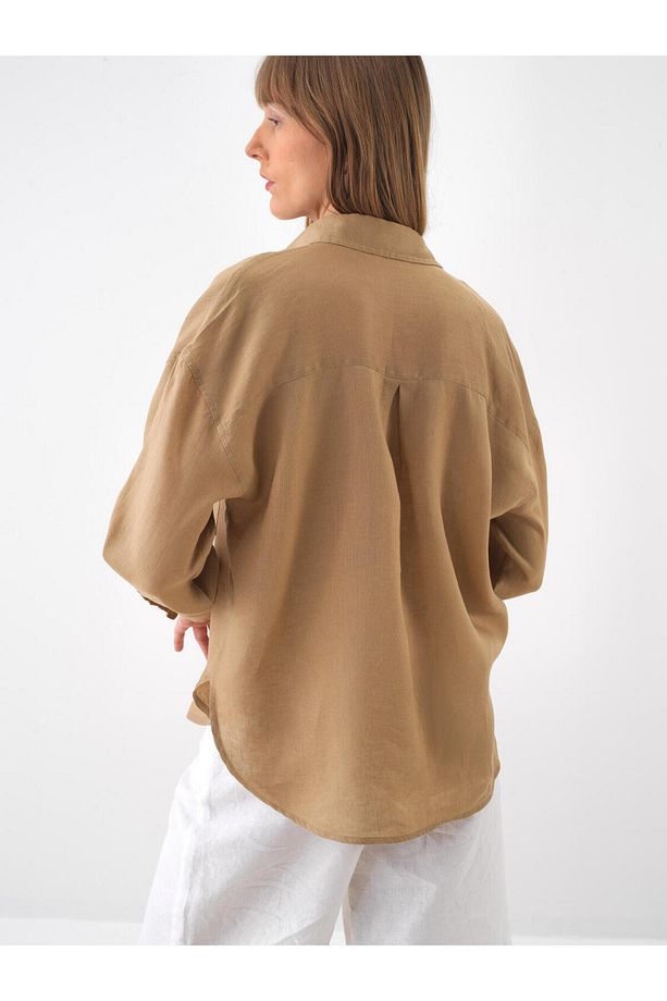 Kadın Camel Oversize Keten Basic Gömlek - 3