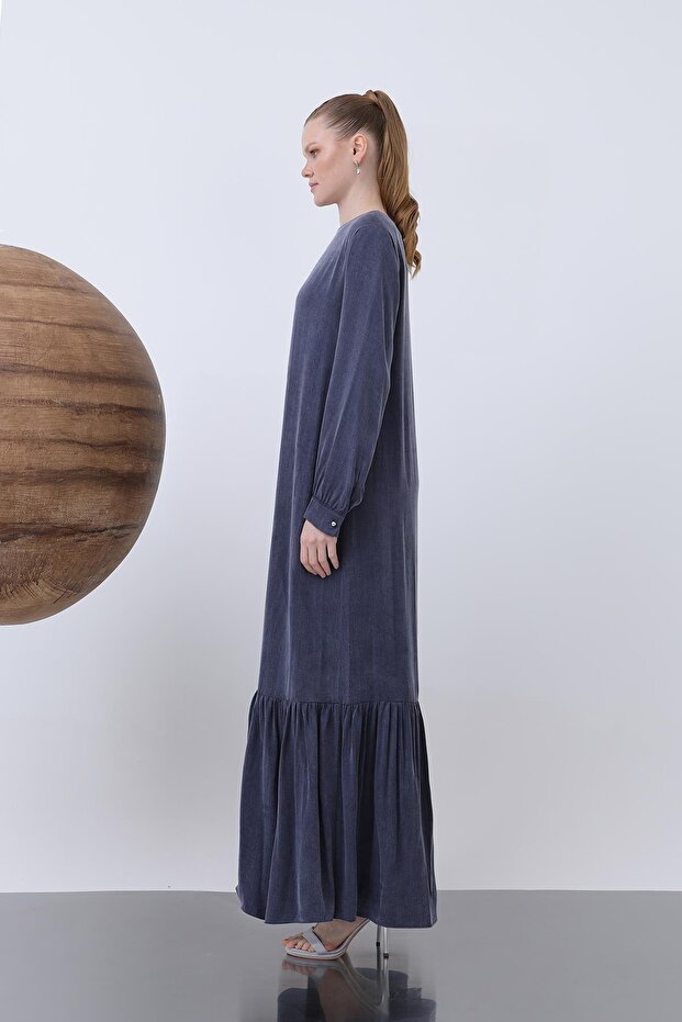 Kadın Önü Nakışlı Ve İşlemeli Elbise - 12597ELB - Lacivert - 5