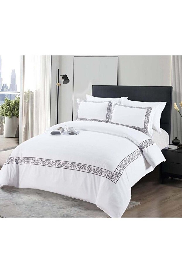 6pc Embroidered Premium Quality Pure Cotton King Size Comforter Set White