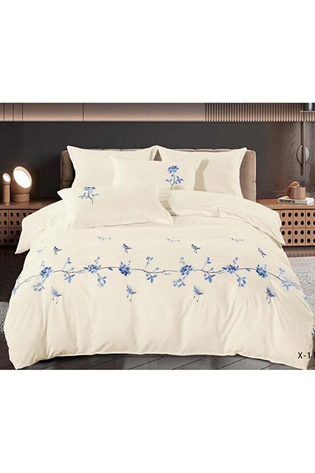 6pc Embroidered Premium Quality Pure Cotton King Size Comforter Set Cream 41