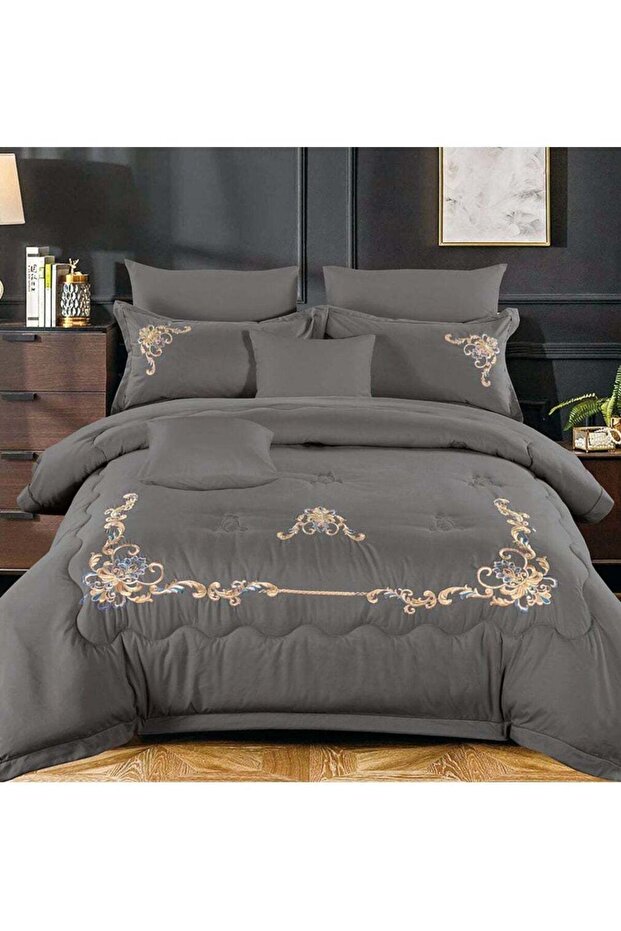 6pc Embroidered Premium Quality Pure Cotton King Size Comforter Set Grey