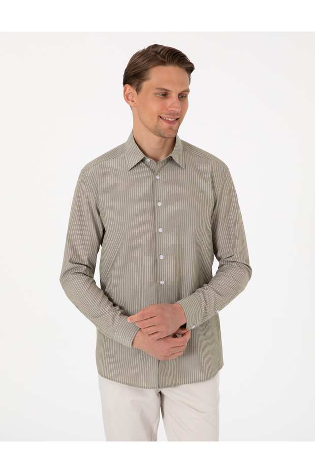 Khaki Slim Fit Striped Long Sleeve Shirt 50310777-Vr054