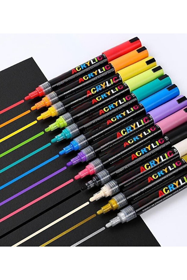 Set of 12 acrylic markers, 2 thin and thick heads, 0.4 mm tip, for various surfaces, quick drying - 2