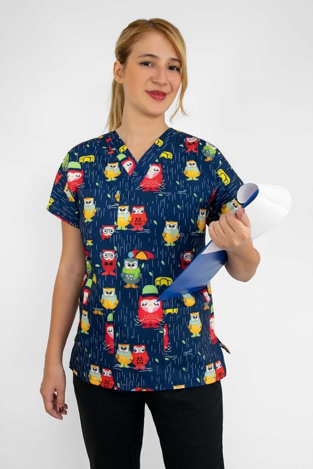 Unisex Navy Blue Rain Owls Themed Hospital Doctor Nurse Scrubs Top