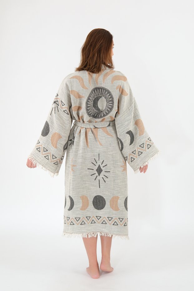 Muslin Kimono 100% Cotton Sun Patterned Jacquard Bathrobe Kaftan Dressing Gown Light Gray