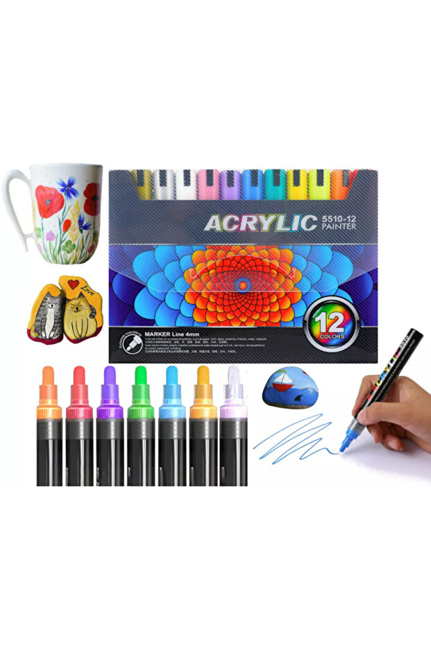 Set of 12 acrylic markers, 2 thin and thick heads, 0.4 mm tip, for various surfaces, quick drying - 14