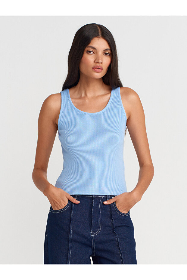 10748 Strappy Corded Fine Textured Knitwear Blouse-Blue