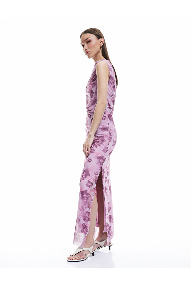 Sleeveless Smocked Floral Tulle Maxi Dress
