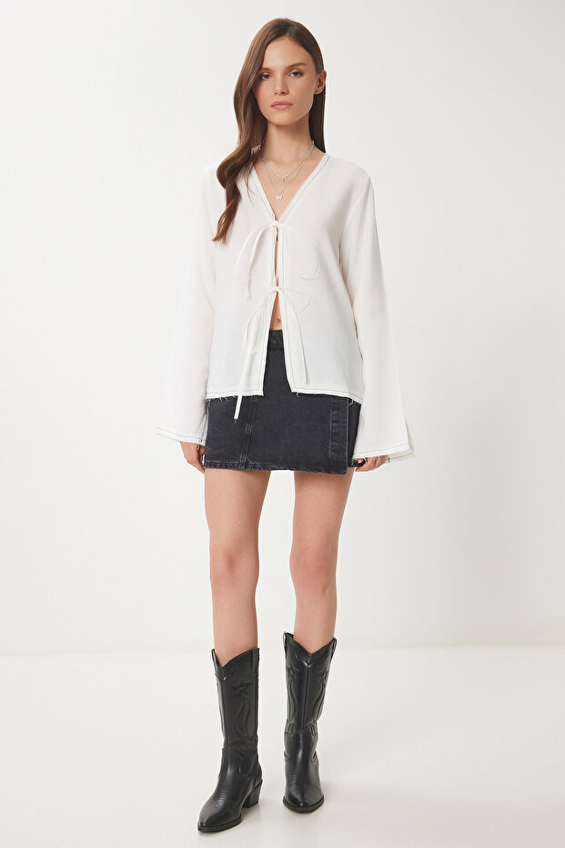 Contrast Striped Tie-Up Summer Blouse Ecru Lbv0060