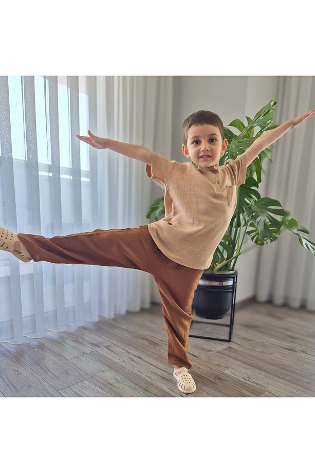 Natural Gömlek Acı Kahve Pantolon Müslin Takım (2-8 Yaş) MTYE0059 - 6