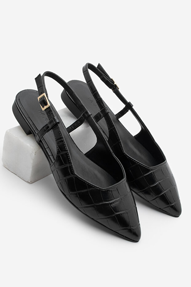 Women's Pointed Toe Open Back Strap Casual Ballerinas Tafiza Black Croco