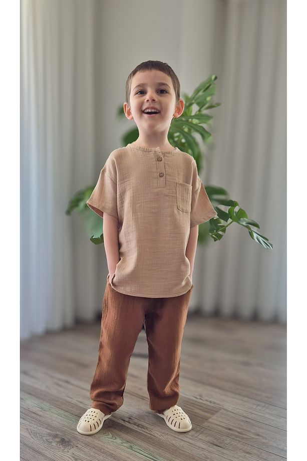Natural Gömlek Acı Kahve Pantolon Müslin Takım (2-8 Yaş) MTYE0059 - 4