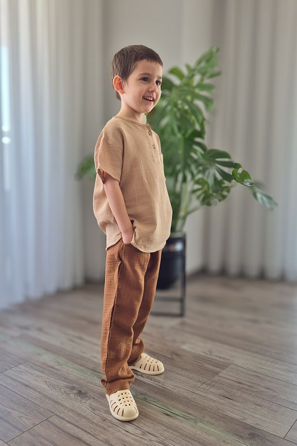 Natural Gömlek Acı Kahve Pantolon Müslin Takım (2-8 Yaş) MTYE0059 - 3