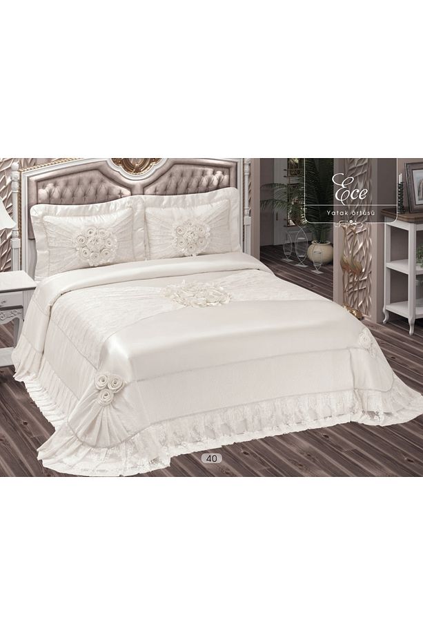 Çeyizlik Yatak Örtüsü ( Set 4 Parçası ) Fransız Dantelli Ve Kapitoneli Yüksek Kalite Set Çantada - 1