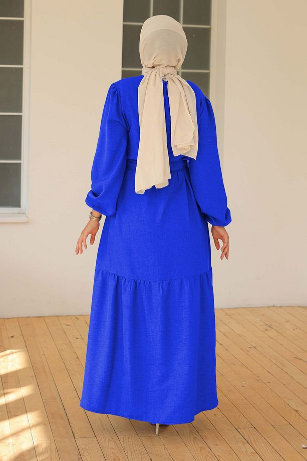 Katlı Elbise Saks - 26624 - 5