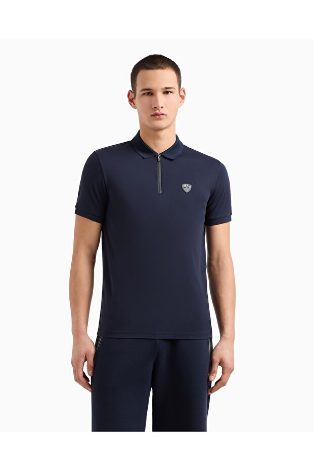 Men's Slim Fit Short Sleeve Logo Zippered Navy Blue Polo Collar T-Shirt