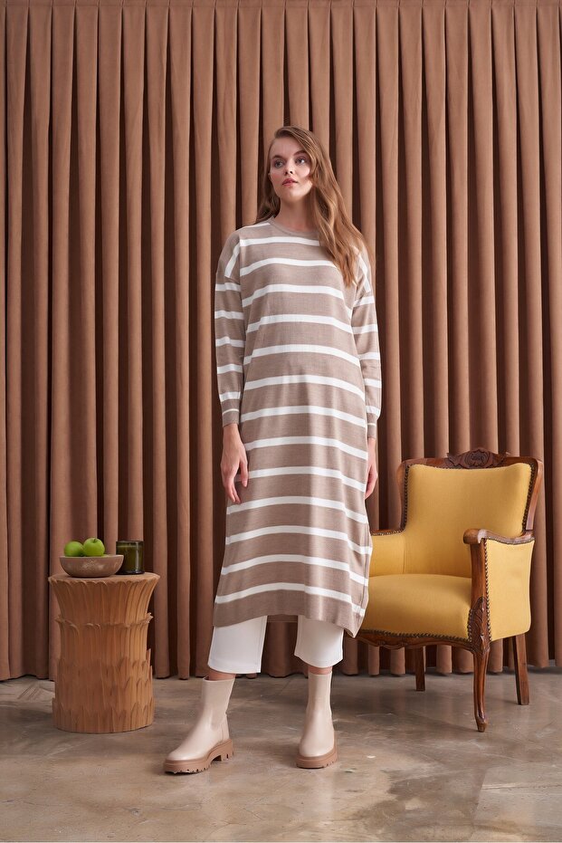 Basic Çizgili Triko Vizon Bol Kalıp - 7