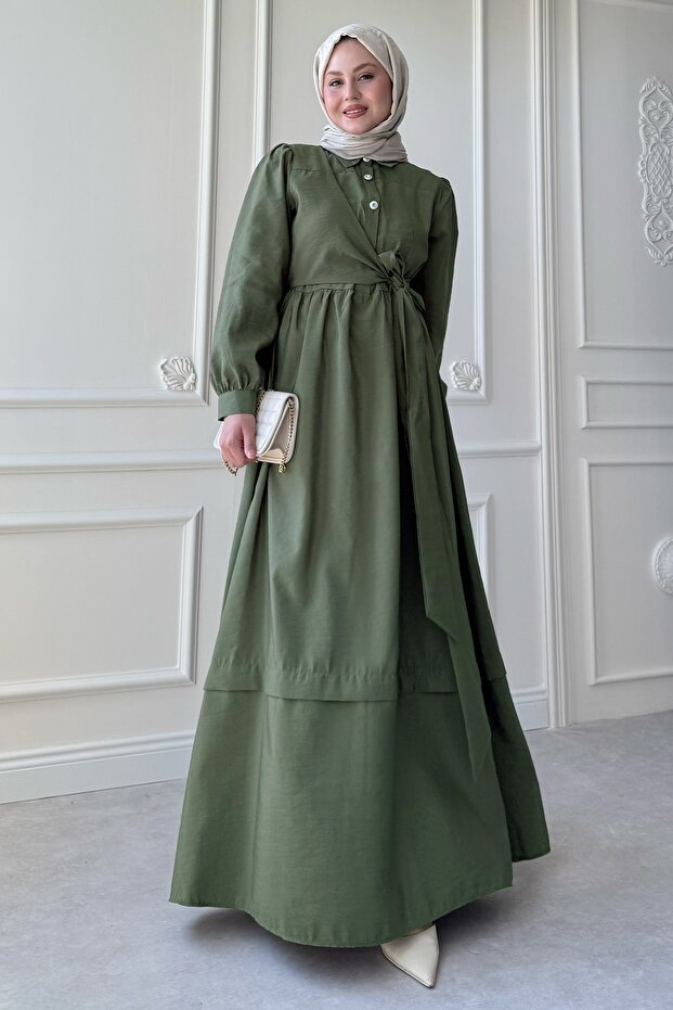 Button Detail Cross Tie Modal Khaki Dress