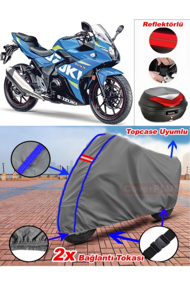 Blue Stitched Gray Suzuki Gsx-R 250 Tarpaulin Topcase Rear Bag Compatible Motor Tarpaulin