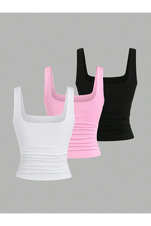 Kadın 3'lü Likralı Basic Bluz - 2