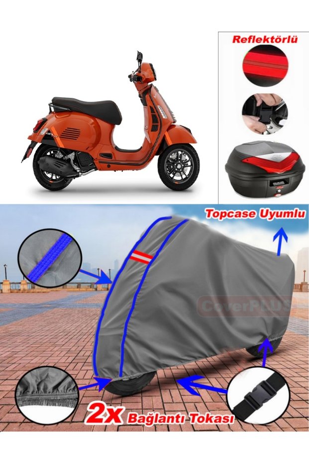 Blue Stitched Gray Vespa Gts 300 Super Sport Tarpaulin Topcase Rear Bag Compatible Motor Tarpaulin