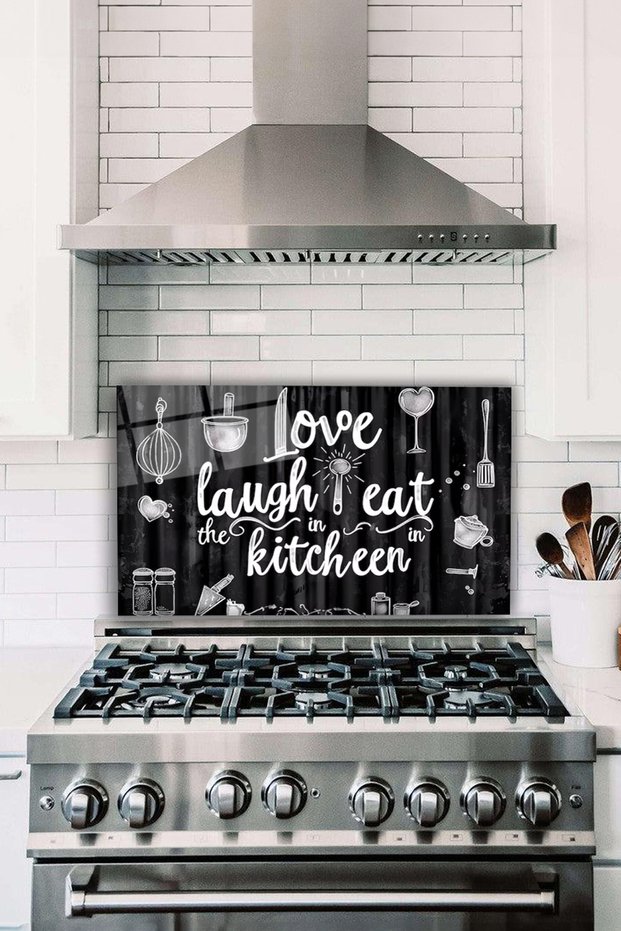 Love Laugh Eat Kitchen Glass Stove Back Protector, Heat Resistant, Countertop Built-In and Kitchen Protection