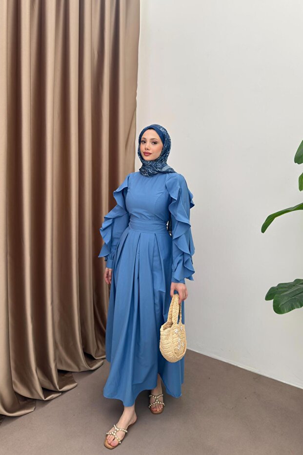 Fırfır Kol Poplin Elbise - Mavi - 1