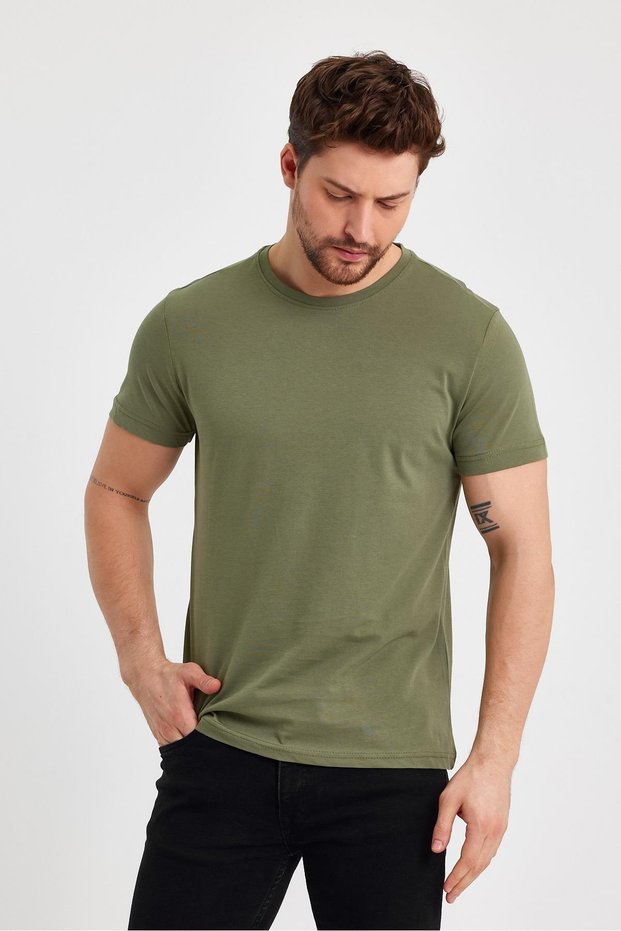 Men's Khaki Slim Fit Cotton Short Sleeve Crew Neck T-Shirt