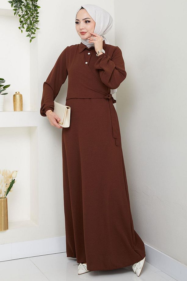 Yandan Bağlamalı Ayrobin Elbise Kahverengi HM2729 - 6