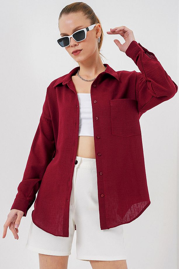 20153 Tek Cepli Oversize Keten Gömlek - Bordo - 1