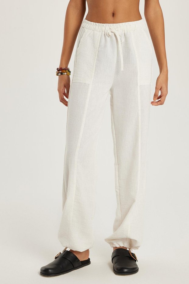 Women's Relax Fit Relaxed Cut Elastic Waist Tie Ecru Trousers