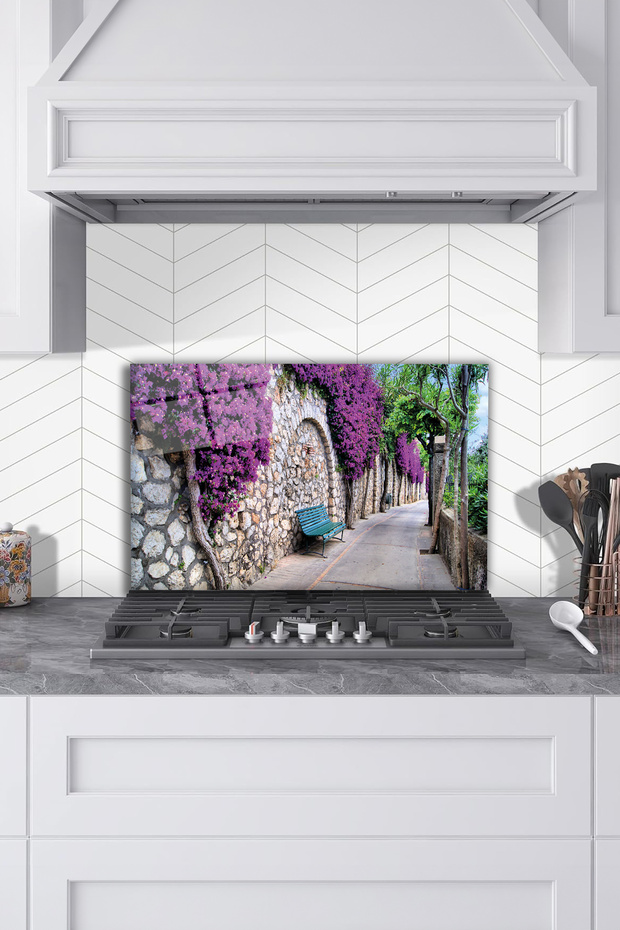 Purple Floral Street Glass Stove Back Protector, Kitchen Built-In and Countertop Protection, with Tempered and Rodage