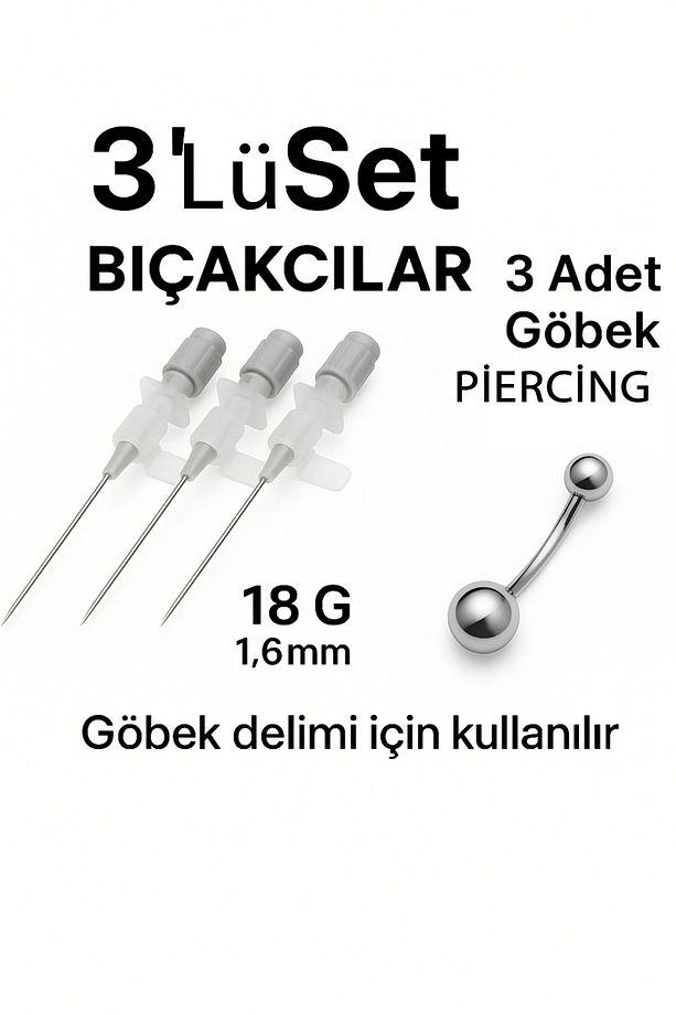Kanül İntraket Gri 3 adet Göbek delim iğnesi 3 adet 316L piercing 1,6X12 mm - 1