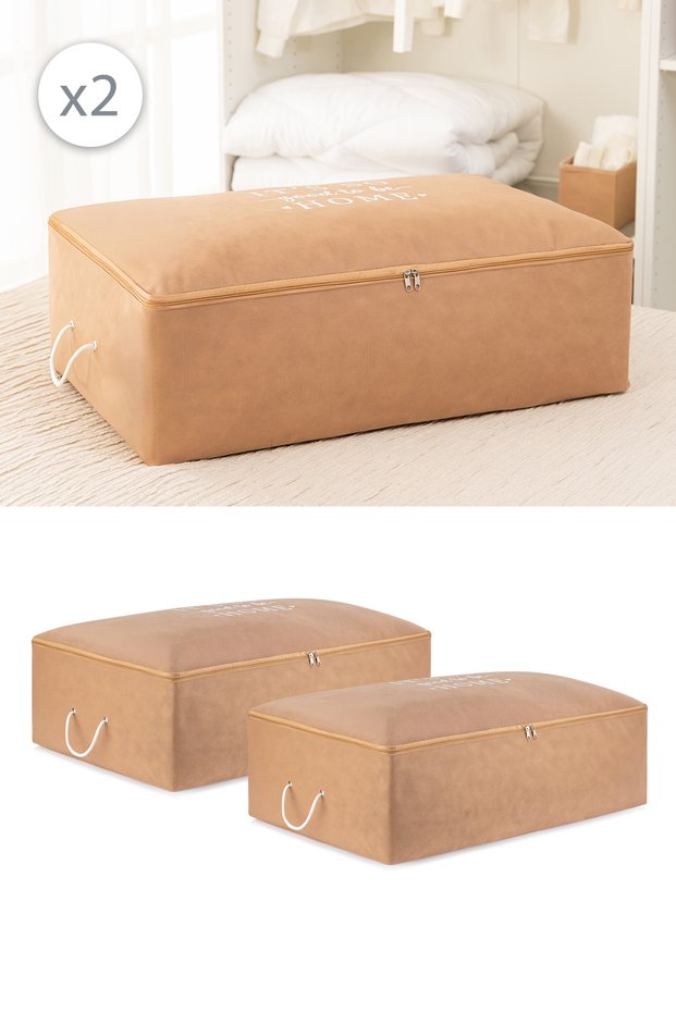 Set of 2 Beige Mega Size Base under Bed Cabinet Pillow Quilt Clothing Sweater Clothes Bag 74X46X22
