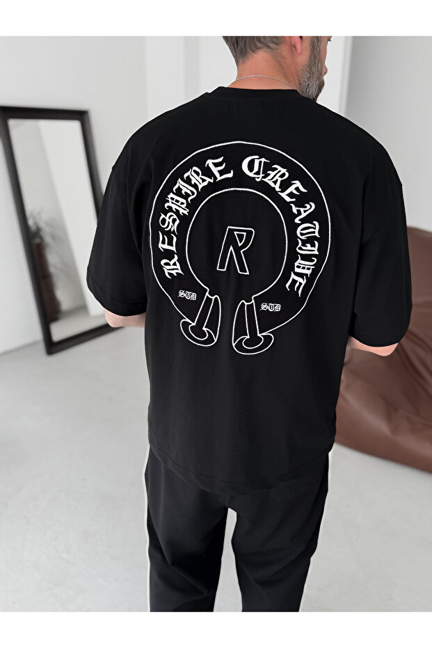 Siyah Creative Nakışlı Oversize T-Shirt RES-5245 - 2