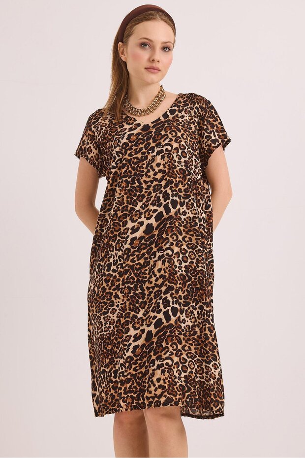 V-Neck Comfortable Fit Woven Viscose Dress Leopard