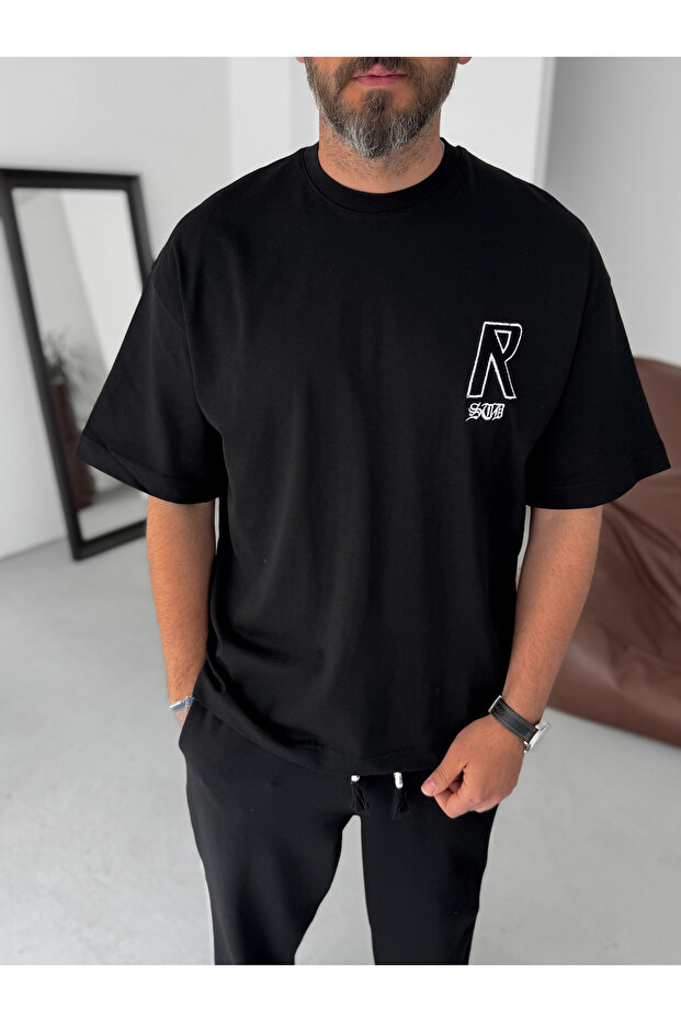 Siyah Creative Nakışlı Oversize T-Shirt RES-5245 - 6