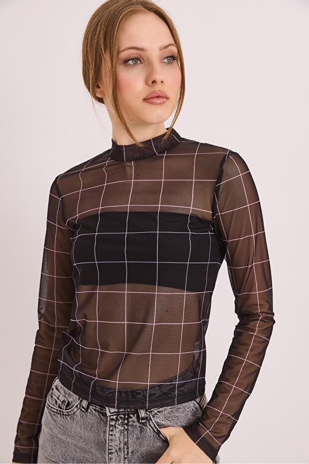 Patterned Black Transparent Flexible Stylish Blouse Black