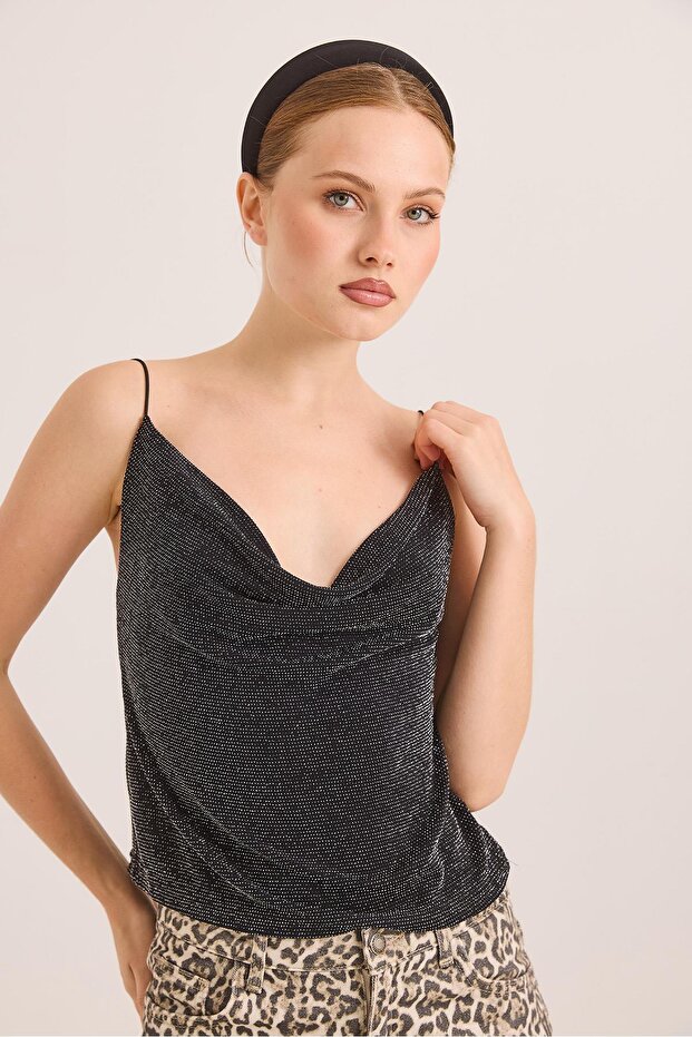 Stylish Blouse with Embroidered Collar and Glittery Straps Black