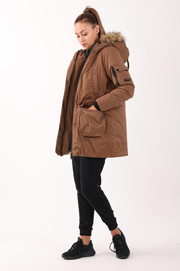 Regular Kadın Kapüşonlu Taba Parka - 4