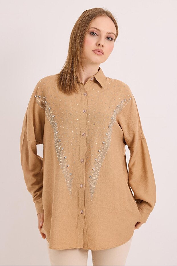Stone Embroidered Comfortable Fit Linen Shirt Mink