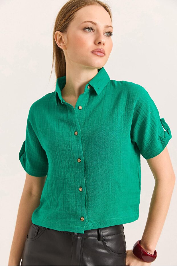 Muslin soft textured shirt green