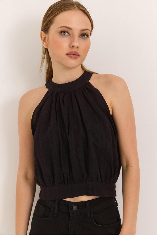 Halter neck low back belted woven linen blouse black