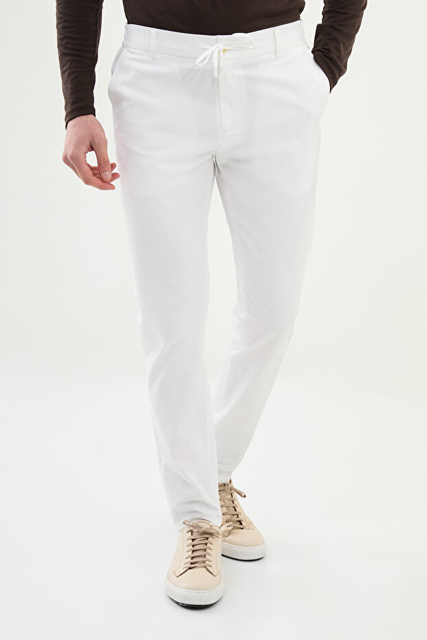 Gofreli Super Slim Fit Men's Trousers with Elastic Waistband and Drawstring Ecru - 38291.25Y