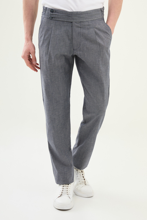 Straight Slim Fit Elastic Waist Linen Men's Trousers Navy Blue - 38313.25Y