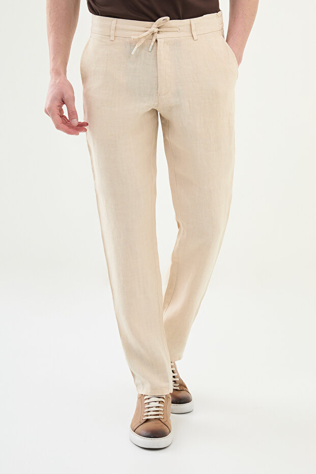 Straight Slim Fit 100% Linen Men's Trousers Beige - 38300.25Y
