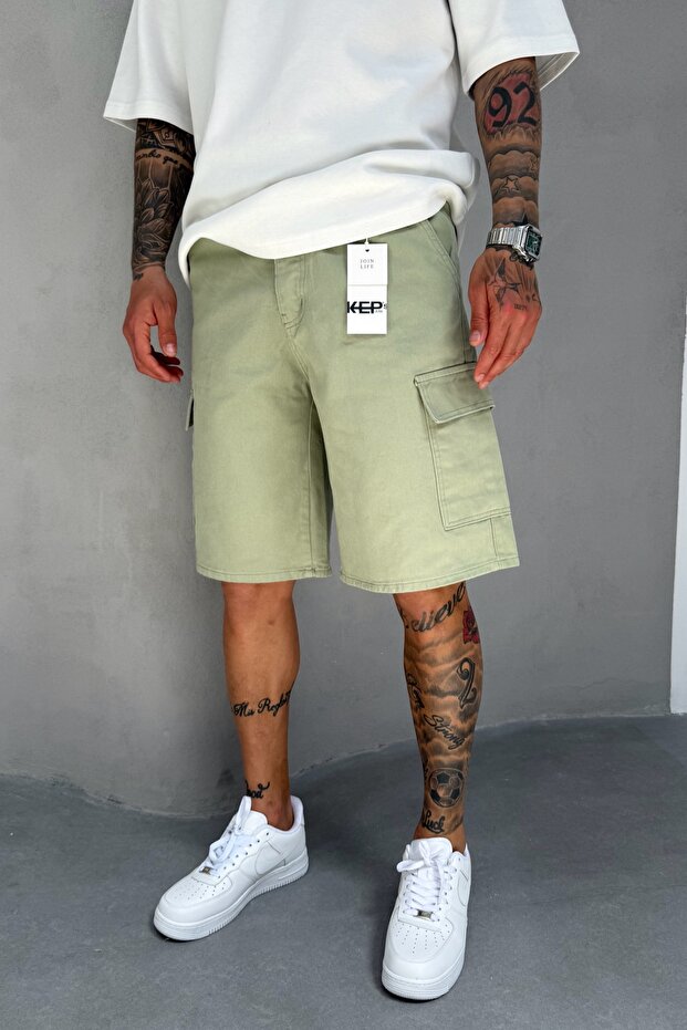 Green Denim Fabric Men's Cargo Pocket Jean Jeans Shorts Ke-513
