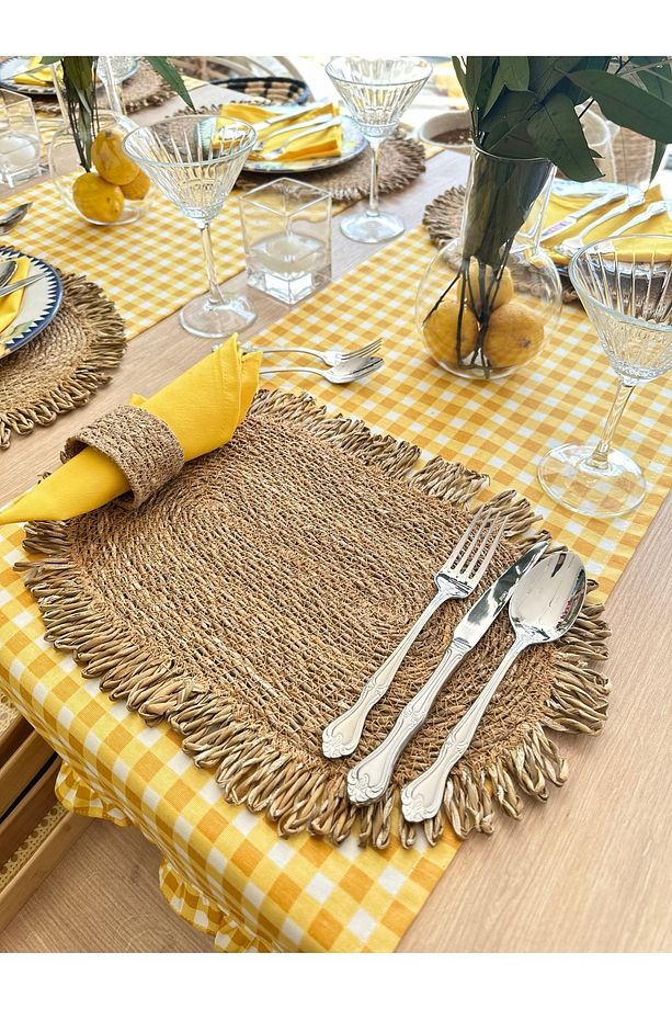 6 ad Set Oval Fırfırlı Hasır Supla ve 6 ad Hasır Peçete Yüzüğü - 1