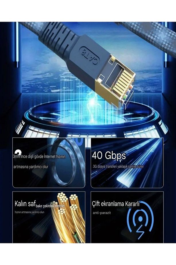 15-Metre Cat 8 Ethernet Kablosu 40 Gpbs+5G+2000 Mhz.RJ45 CE Lisanslı Hasır Örgülü Sağlam Kablo - 8