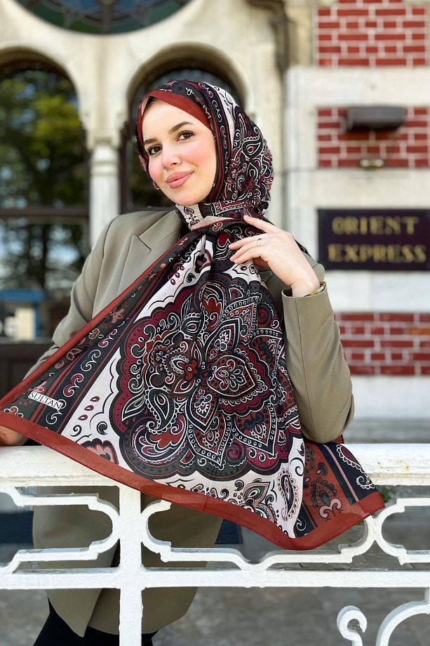 Sultan Fresh Pamuk Şal - Orient Express Modeli - SLF001-12 - Kiremit, Yeşil, Bordo - 3